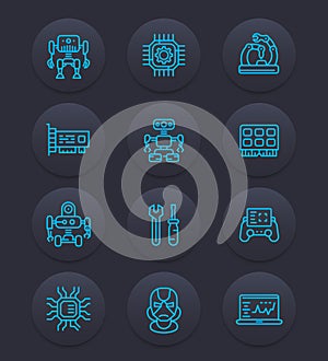 Robotics, mechanical engineering, robots icons