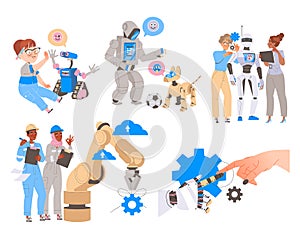 Robotics Programming with Engineer Characters Engaged in Artificial Intelligence Development Vector Set