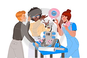 Robotics Programming with Man and Woman Engineer Character Configuring Robot Vector Illustration