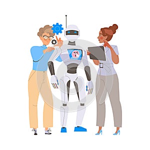 Robotics Programming with Man and Woman Engineer Character Configuring Robot Vector Illustration