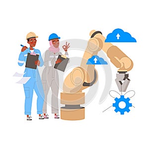 Robotics Programming with Man and Woman Engineer Character Configuring Robotic Arm Vector Illustration