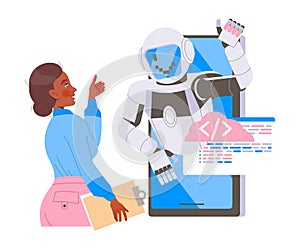 Robotics Programming with Woman Engineer Character and Robot Showing Thumb Up Vector Illustration