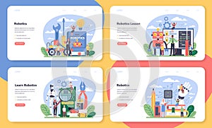 Robotics school subject web banner or landing page set. Robot