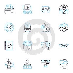 Robotics technology linear icons set. Automation, Robotics, Artificial Intelligence, Cyborgs, Humanoids, Mechanics