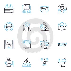 Robotics technology linear icons set. Automation, Robotics, Artificial Intelligence, Cyborgs, Humanoids, Mechanics