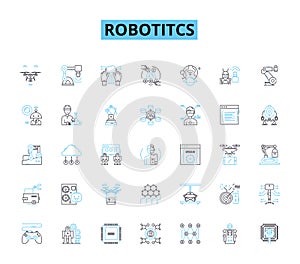 Robotitcs linear icons set. Automation, Mechanization, Artificial Intelligence, Algorithms, Sensors, Robotics, Cyborgs