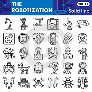 Robotization line icon set, robot symbols collection or sketches. Artificial Intelligence linear style signs for web and