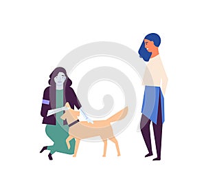 Robotized assistant walking dog flat vector illustration. Robot in daily human life. Artificial intelligence helper photo
