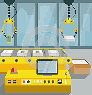 Robotized line on assembly of smartphone. flat style