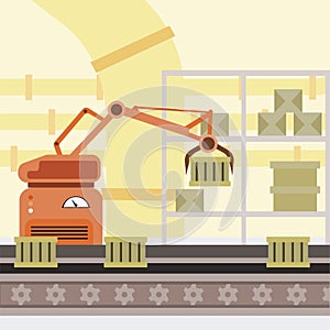 Robotized production line cartoon illustration. Manufacturing automated process, boxes on conveyor belt, robot hand photo