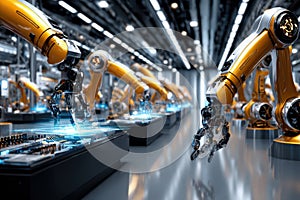 Industrial robots assembling electronic components in a modern manufacturing facility