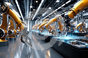 Industrial robots assembling electronic components in a modern manufacturing facility