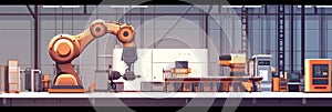 Automated factory showcasing advanced robotic machines and AI controlling production in a precise layout, emphasizing photo