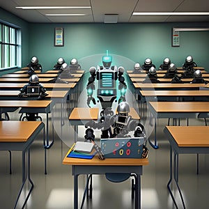 Robots in the classroom learning concept, generated by AI.