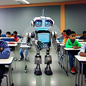 Robots in the classroom learning concept, generated by AI.
