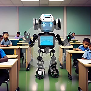 Robots in the classroom learning concept, generated by AI.