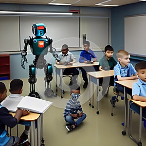 Robots in the classroom learning concept, generated by AI.