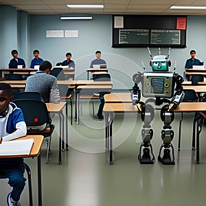 Robots in the classroom learning concept, generated by AI.