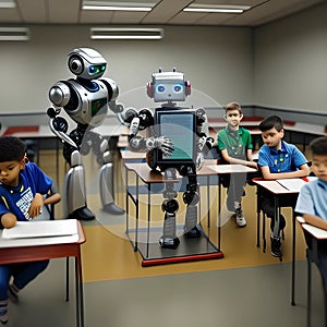Robots in the classroom learning concept, generated by AI.