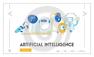 Robots, Artificial Intelligence in Human Life Website Landing Page. Chatbot Help Clients Online, Translating Texts