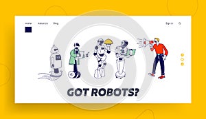 Robots, Artificial Intelligence in Human Life Website Landing Page. Man with Megaphone Manage Cyborgs