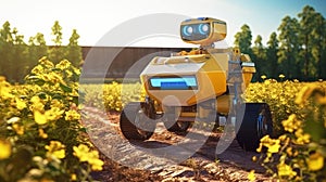 Robots for automated spraying of crops. An agribot working in the field. Future 5G technology. The concept of a smart agricultural