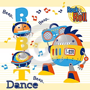 Robots cartoon dancing on striped background