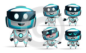 Robots character vector set. Robotic 3d characters collection with waving, blushing and crying gestures in standing pose for kids.