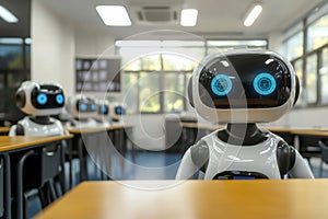 Robots in a classroom setting engaged in learning activities during the day