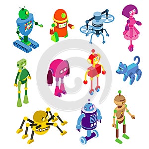 Robots collection on vector robotic characters illustration isolated on white. Robotized toys in isometric machine style photo