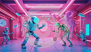 the robots is dancing in a neon room. futuristi and holographic style.