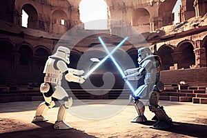 robots dueling with lightsabers in futuristic colosseum