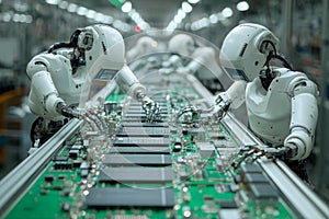 Robots efficiently assembling circuit boards in a high-tech factory