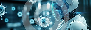 Technology advances with robots neutralizing viruses in a clean environment for enhanced health safety. Generative AI photo