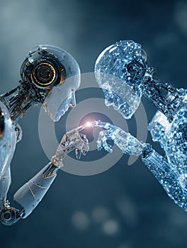 Robots Exchanging Data Through Holograms in a Futuristic Setting During an Advanced Technological Interaction