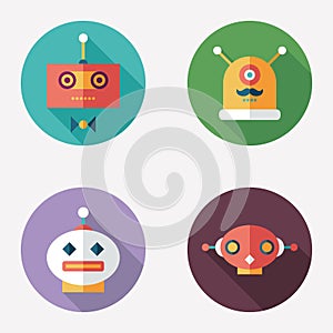 Robots flat round icons with long shadows. Set 12