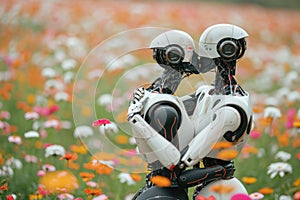 Robots french kiss on a flower field.Cyber love concept