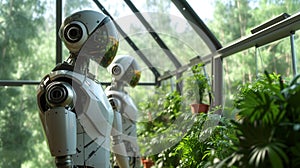 Robots in futuristic greenhouse with indoor plants photo