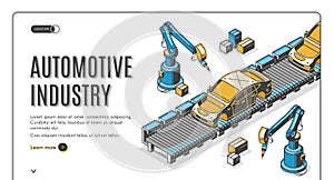 Robots hands assemble car on conveyor belt process