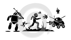 Robots and Humans in Battle Vector, Sci-Fi Conflict Scene, vector design Generative AI