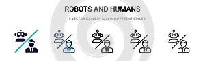 Robots and humans icon in filled, thin line, outline and stroke style. Vector illustration of two colored and black robots and