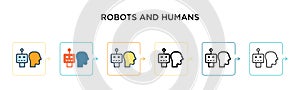 Robots and humans vector icon in 6 different modern styles. Black, two colored robots and humans icons designed in filled, outline