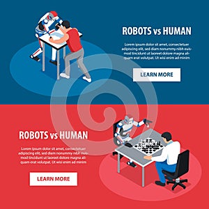 Robots isometric cartoon banner set