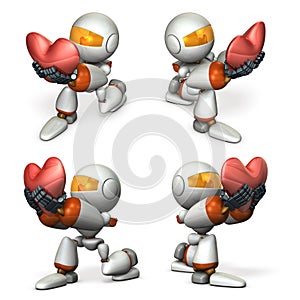 Robots kneeling on one knee and presenting a big heart. A scene that proposes with sincerity on Valentine`s Day.