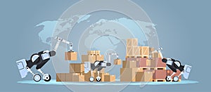 Robots loading cardboard boxes hi-tech smart factory warehouse logistics automation technology concept modern robotic