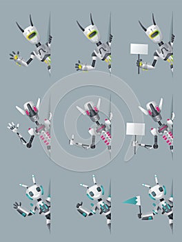 Robots look out corner. Robotic information banners mockup interface design. Cyborg characters for presentation, online
