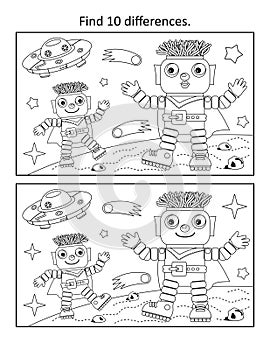 Robots on Mars. Exploring outer space. Difference game and coloring page.