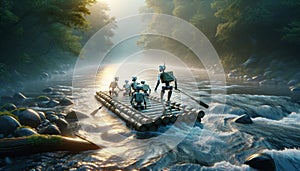 Robots navigating a raft on a misty river