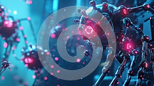 Robots neutralizing viruses in a futuristic laboratory environment demonstrating advanced technological capabilities photo