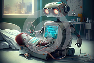Robots nursing take care of young little robot patient in hospital. Medical technology and healthcare concept. Digital art